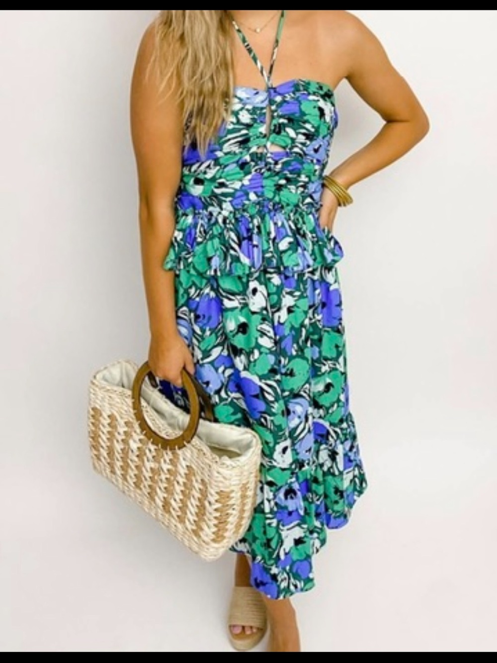 Ina Strapless Floral Midi Dress in Green and Blue